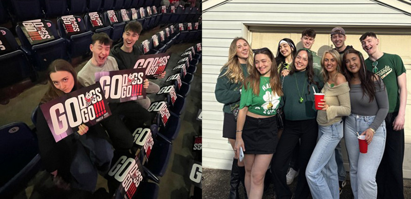 A collage of two images featuring the same group of people attending a sports event and posing for a photo at a party together.