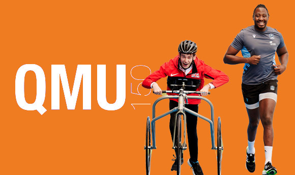 A standard banner with the QMU Logo and the text "QMU150" alongside a photo of two men, one running and another using a wheelrunning device.