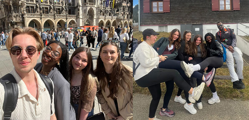 A collage of two images: in the left, a group of four people pose for a selfie together; in the right, a group of four people are playfully kicking their legs towards each other while a fifth sits on the wall nearby.