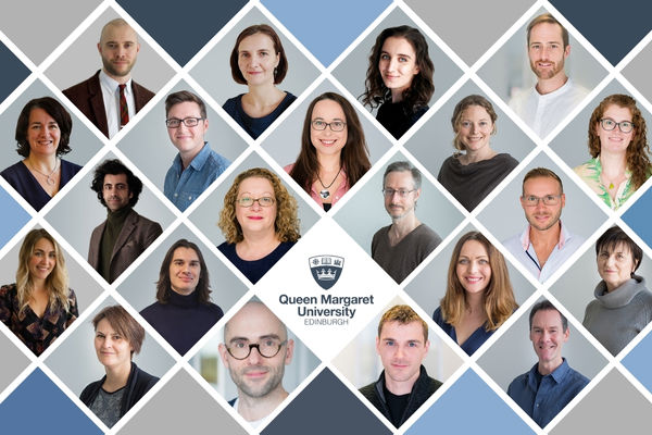 A graphic of tessellated diamond spaces interspersed with photographs of members of staff.