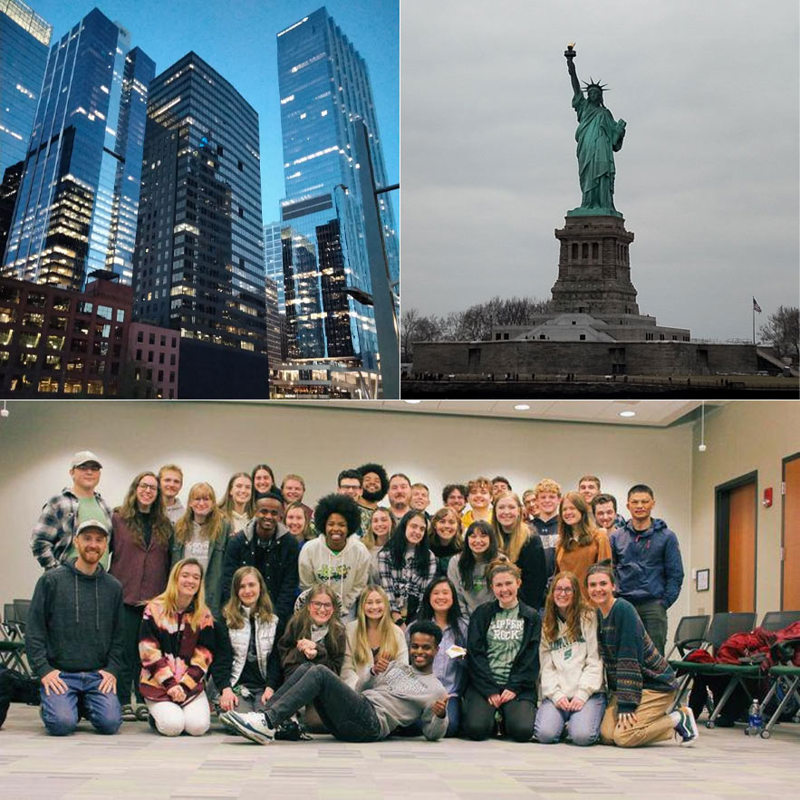 A collage of three photos: a set of tall skyscrapers; the Statue of Liberty; and a group of students posing for a photo together.