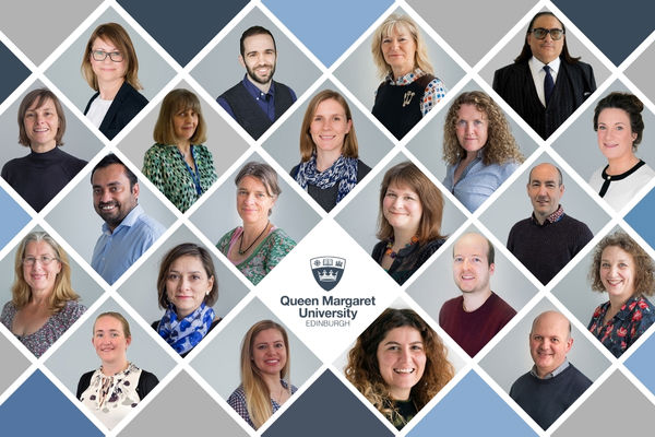 A graphic of tessellated diamond spaces interspersed with photographs of members of staff.