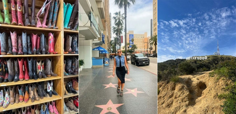 A collage of three photos: Shelves filled with differently coloured cowboy boots; a young woman walking along the Hollywood Walk of Fame stars; and a close up view of the Hollywood sign.