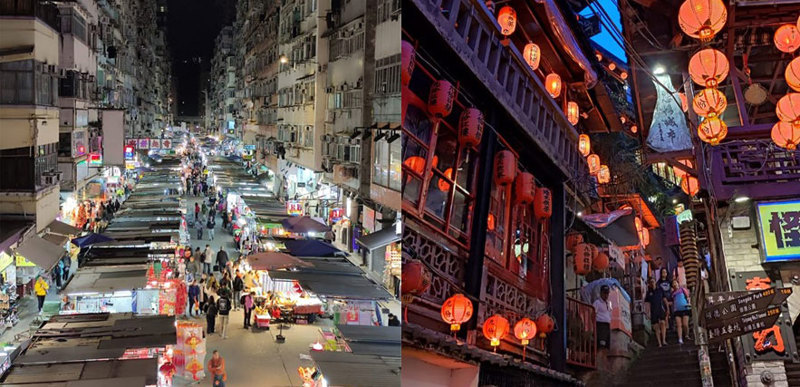 A collage of two images, both showing the vibrant market space and downtown areas of Hong Kong.