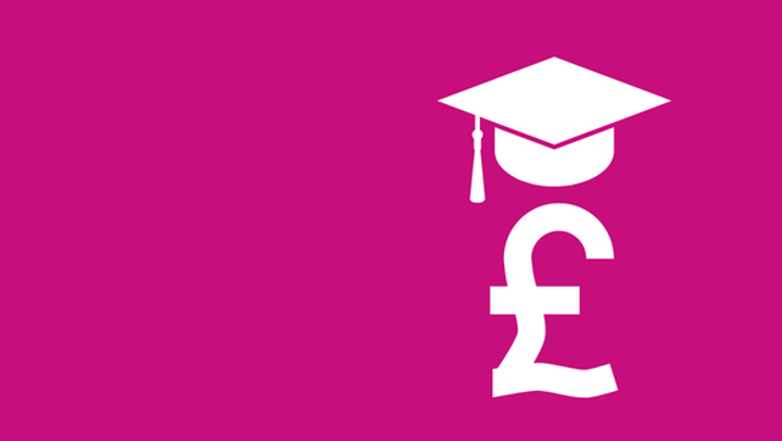 Iconography of a Sterling Pound symbol with a mortarboard atop it in white, on a bright pink background.