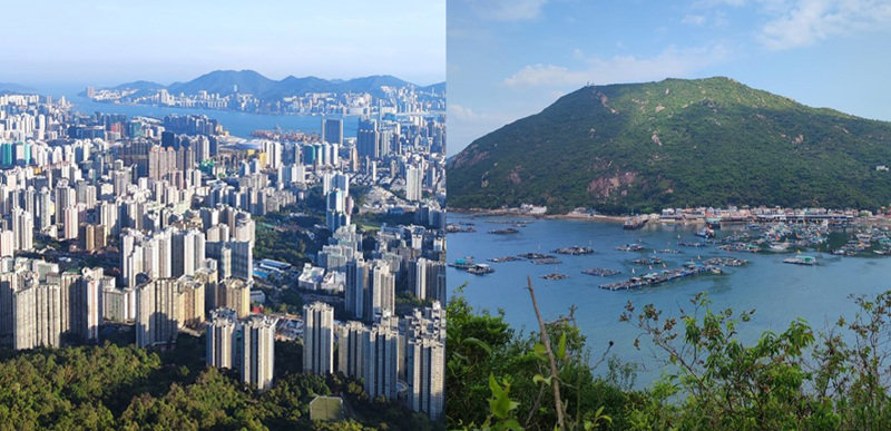 A collage of two images, on the left an aerial view of Hong Kong filled with skyscrapers; on the right a tall grassy mountain overlooking a serene harbour.