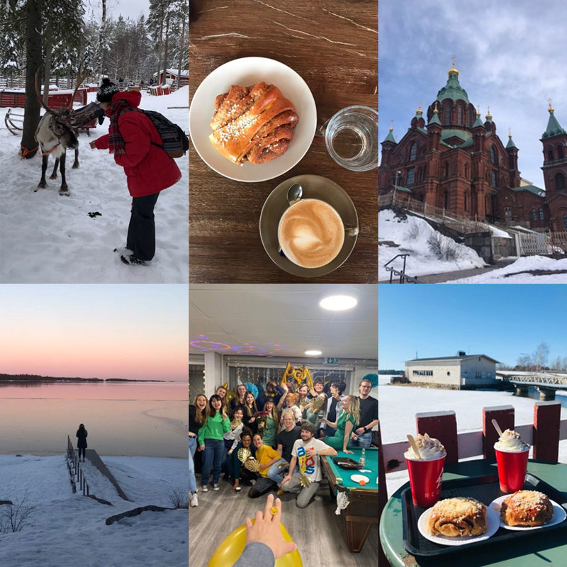 A collage of six images: A person petting a reindeer; a close up of a hot coffee and croissant; a grand church-like structure with copper patina roofing; a person standing on a snow-covered jetty looking out onto a lake at sunrise; a large group of people having a party; and two hot chocolates accompanied by pastries.