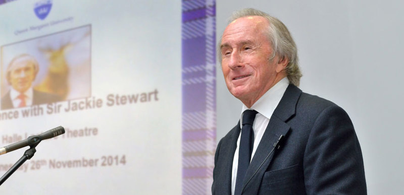 Sir Jackie Stewart, three-time Formula 1 world champion, delivering a talk at Queen Margaret University.